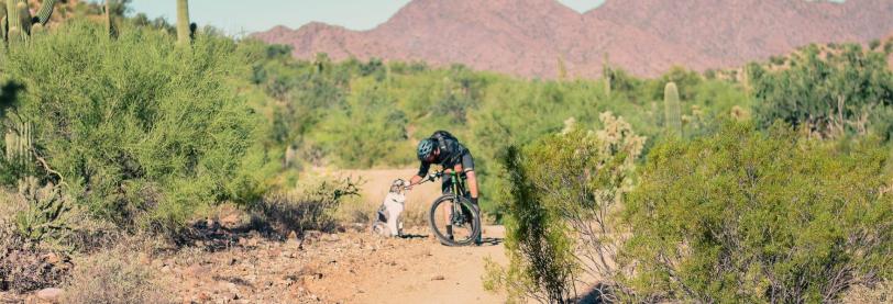 Man biking on a trail taking a break to pet his dog sitting next to him. 