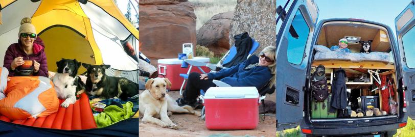 Three images in a row of various camping shots. One of a woman and her dogs in a tent, one of a woman and her dogs in camp chairs, and one of a woman and her dog in a camper van.