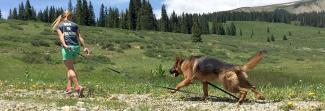 A woman walking on a trail with a dog on a long leash behind her